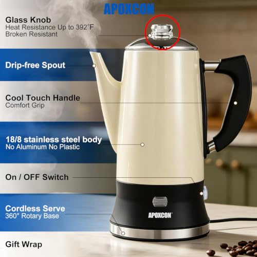Image of APOXCON Electric Coffee Percolator All Stainless Steel Coffee Maker with Glass Knob Classic Coffee Pot with Keep Warm Cordless Serve - No Aluminum No Plastic Contact with Beverage Cream (12 Cup)