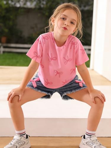 Image of Azmxynol Kid Girls Clothes Outfits Bowknot T-Shirt + 2 In 1 Denim Short Skort Summer Clothing Set, Size 4-10 Years