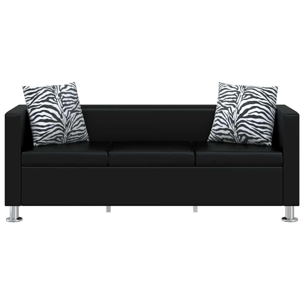 Canapé 3 places en cuir synthétique noir avec pieds stables, 170 x 62,5 x 63 cm, avec 2 coussins, peu encombrant, pour salon, chambre d'adolescent, chambre d'amis, confortable et facile
