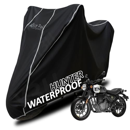 Image of Bike Body Cover Hunter 350 Full Body Cover with Waterproof, Dust Proof, UV Rays Protective, Tripple Stitching & Lightweight Two Wheeler Covers - Black with Waterproof White Piping