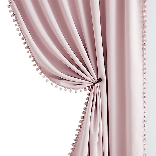 Image of Pink Blackout-Curtains for Bedroom Pom Pom Thermal Insulated 100% Full Blackout Curtain Panels for Girls Baby Nursery Room 90 inch Energy Efficient Window Drapes for Kids 52 inchw x2 Panels Rod Pocket