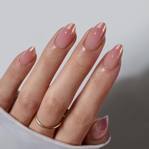 BTArtbox Press On Nails Short - Chrome French Tip Almond Press On Nails with Glue for Women
