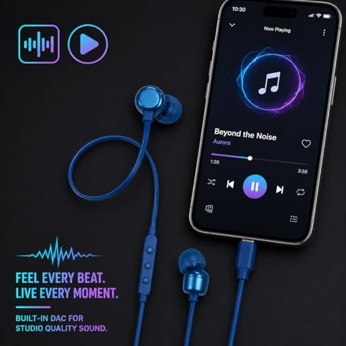 Image of Type C Wired Earphones for JBL Tun 310 C | High Fidelity Sound, Deep Bass, HD Calling Mic, Comfortable Fit, Strong Cable Compatible with All Type C Devices (Blue)