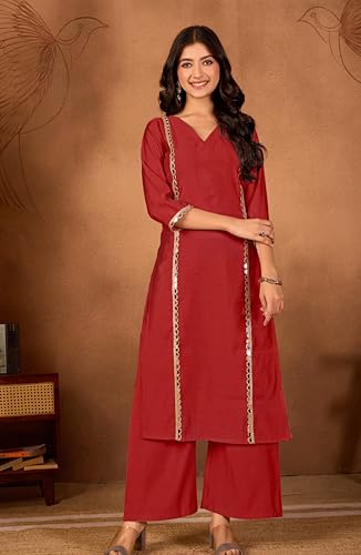 Image of Women Straight-Cut Kurta Pant Set with Subtle Golden Lace Embellishment | Elegant Ethnic Wear for Festive, Office & Casual Use