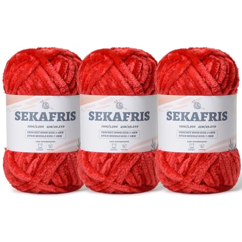 Image of Fuzzy Chunky Chenille Yarn for Crocheting,Soft Plush Yarns for Hand Knitting,Bulky 3x100g(3x49.2 yd) Baby Blanket Yarn for Crocheting Amigurumi,Crochet Fluffy Velvet Yarns (Red)