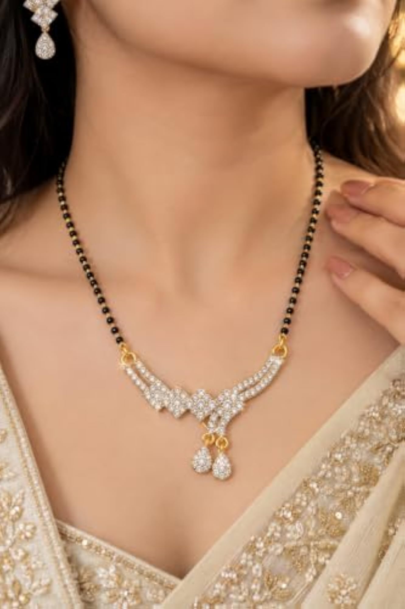 Women's American Diamond Mangalsutra with Black Bead Chain