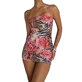 Women Y2k Floral Short Tube Dress Off Shoulder Bodycon Mini Dress Strapless Open Back Going Out Dress Streetwear