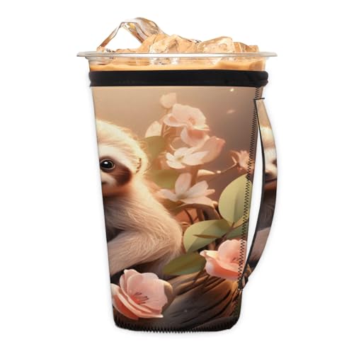 Beautiful Flower Sloth Reusable Neoprene Coffee Sleeve with Handle Insulated Iced Coffee Cup Holder Reduces Condensation Fits 24-28 oz Cups M