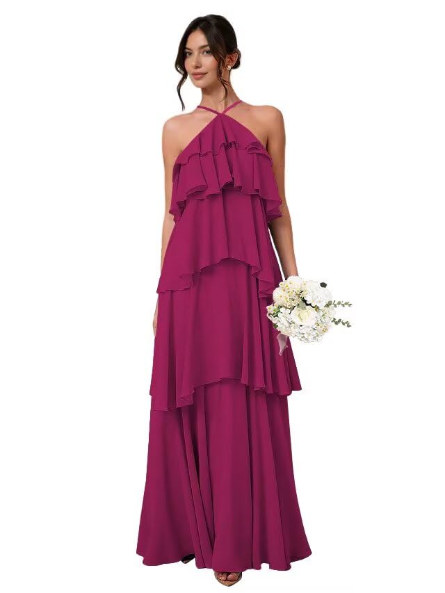 Halter Tiered Chiffon Bridesmaid Dresses Long 2025 Ruffle Formal Evening Dresses VS255