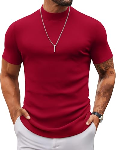 COOFANDY Turtle Neck Sweater Men Short Sleeve Half Neck Tops Classic Mock Neck Sweaters Knited Ribbed Pullover Red