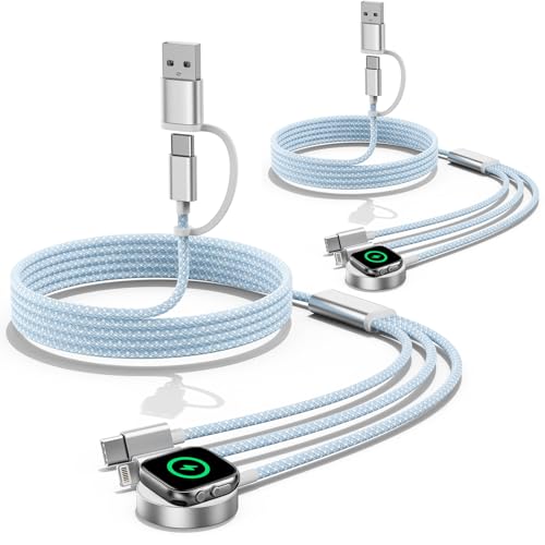 2Pack 3 in 1 USB-C Charging Cable, iWatch & iPhone Multi Charger Cord, Travel Nylon Braided Cord for iWatch Ultra/10-1, iPhone 17-8, AirPods, Galaxy S25-20 & More, 4FT