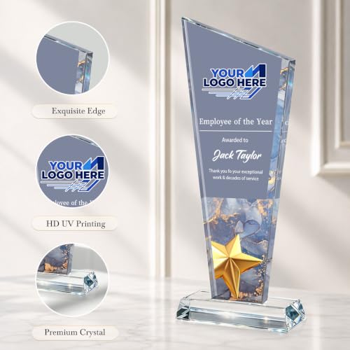 Image of Custom Crystal Trophy Award Personalized Plaque Award with Text Logo Photo Awards Trophies for Employee Recognition Team Graduation Personalized Office Gifts for Boss Coworker Teacher