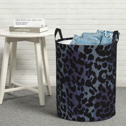 Image of Black Grey Leopard Round Laundry Hamper Storage Basket Toys Clothes Organizer Bin For Home Bathroom Bedroom Dorm Nursery, 62l