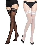 Yuwnd Weiße Strümpfe, Halterlose Strümpfe für Damen, 2 Paar Spitzenstrümpfe in Schwarz und Weiß, Bequem und Elegant für Täglichen Gebrauch und Besondere Anlässe