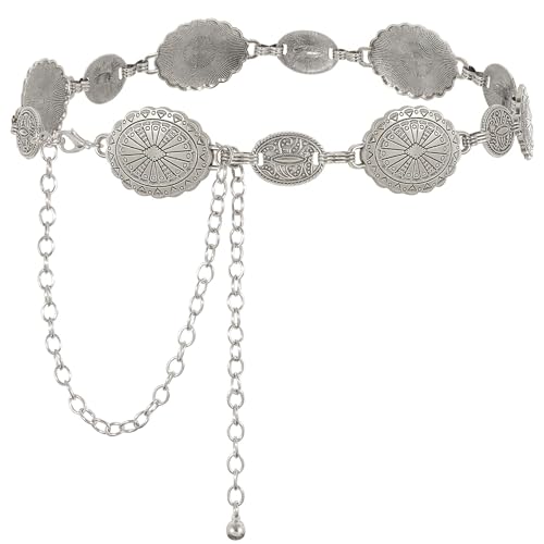 Image of WHIPPY Women Concho Chain Belt Metal Link Western Cowgirl Turquoise Chain Belt for Dress