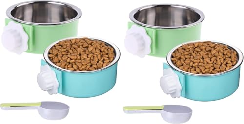 4ピースクレートドッグボウル、スプーン付きフードウォーターフィーダーボウル、ケージコープカップ、ぶら下げて取り外し可能、ステンレス鋼、ペットの犬小屋