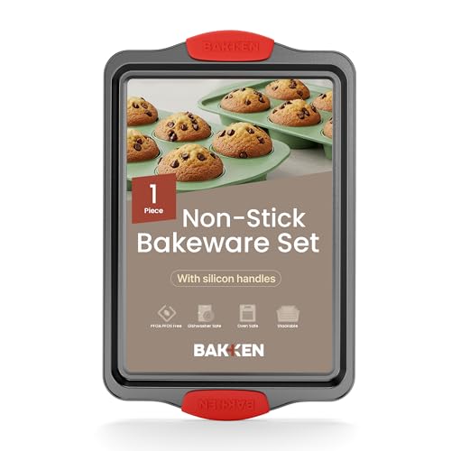 Nonstick Cookie Sheet Pan Carbon Steel Oven Tray Sheet Pan with Red Silicone Handles -Medium Bakeware Pan Tray with Gray Coating Inside & Outside