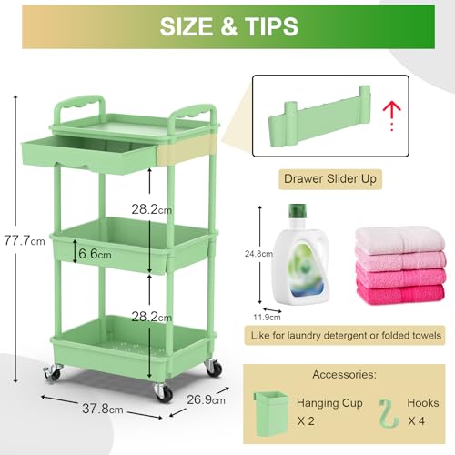 Yeabett 3 Tier Craft Trolley, Storage Trolley On Wheels Utility Cart With Drawer for Kitchen Bathroom, Office, Living Room, Green - Image 4