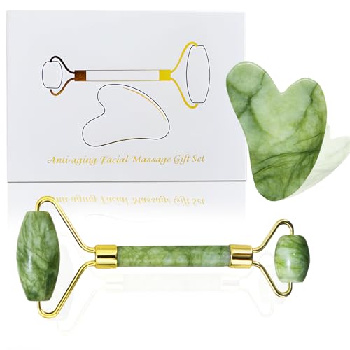Gua Sha Tool Face and Jade Facial Roller, Face Rollers for Women Manual Facial Massager and GuaSha Tool, Jade Roller and Gua Sha Set Sculpt Jawline and Reduce Puffiness, Skincare Gift (Green)