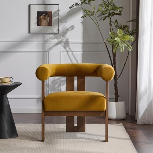 Christopher Knight Home Linton Modern Velvet Upholstered Accent Chair Living Room Solid Wood Lounge Chair Bedroom Soft Cushion Comfy Reading Chair Home Office Sofa Armchair Mustard Yellow+Brown