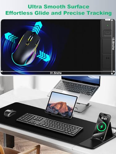 Image of Mouse Pad, Office Desk Mat, Large Gaming Mousepad with Superior Micro-Weave Cloth, XXL Desk Pad with Stitched Edges, Non-Slip Writing Pad for Gamer, Laptop, Work & Home (Black Charging On The Right)