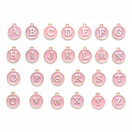 26Pcs Stainless Steel 26 Alphabet Initial Letter A to Z Disc Mixed Charms Pendant for Necklace Bracelet Jewelry Making Accessory Pink