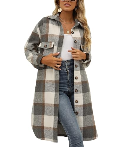 Jhsnjnr Damen Oversize Flanell Hemdjacke mit Knöpfen Warm Langarm...