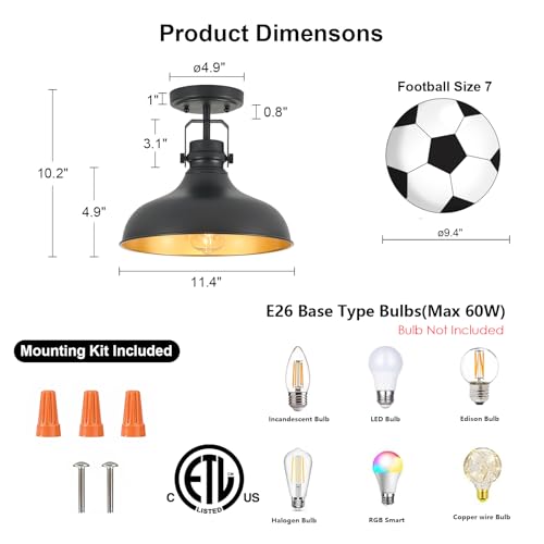 Image of Metal Semi Flush Mount Light Fixture 11.4 inch Ceiling Light Black