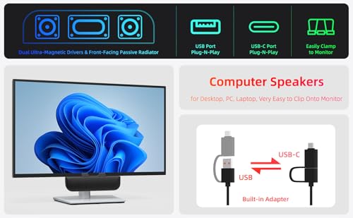 Image of Computer Speakers for Desktop PC, Monitor Speakers, USB Plug-in, Wired, External Speaker for Laptop, Small Computer Soundbar for PC, with Loud Sound, Deep Bass, USB-C Adapter, Easily Clamp to Monitor