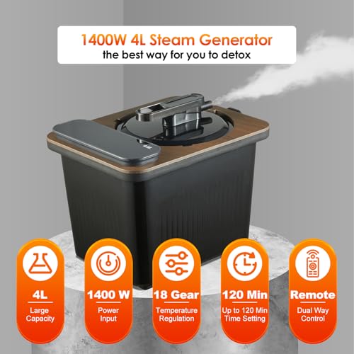 amocane 4L Sauna Steamer Machine, Portable Sauna Pot, Stainless Steel Steam Generator for Saunas Home Spa Fumigation Steam Machine for Detox with Remote Control Anti-riot Device (110V, US Plug, Wood) - Thumbnail 2