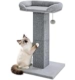 Made4Pets Cat Scratching Post with Bed, 32'' Modern Cat Scratcher with Top Plush Cat Bed, Tall Cat Scratch Post for Indoor Cats, Heavy-Duty Carpet Scratching Post with Hanging Ball Toy, Grey