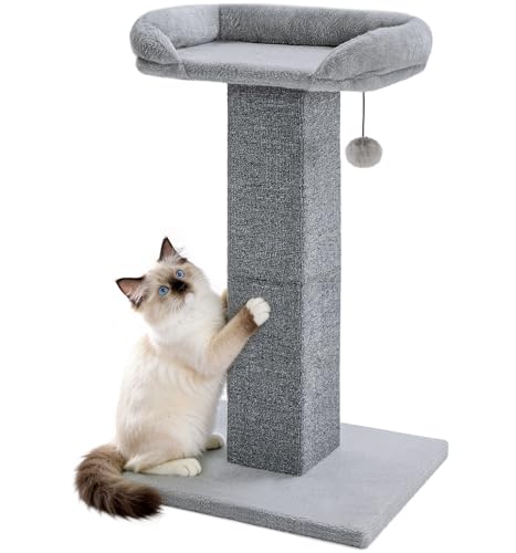 Made4Pets Cat Scratching Post with Bed, 32'' Modern Cat Scratcher with Top Plush Cat Bed, Tall Cat Scratch Post for Indoor Cats, Heavy-Duty Carpet Scratching Post with Hanging Ball Toy, Grey