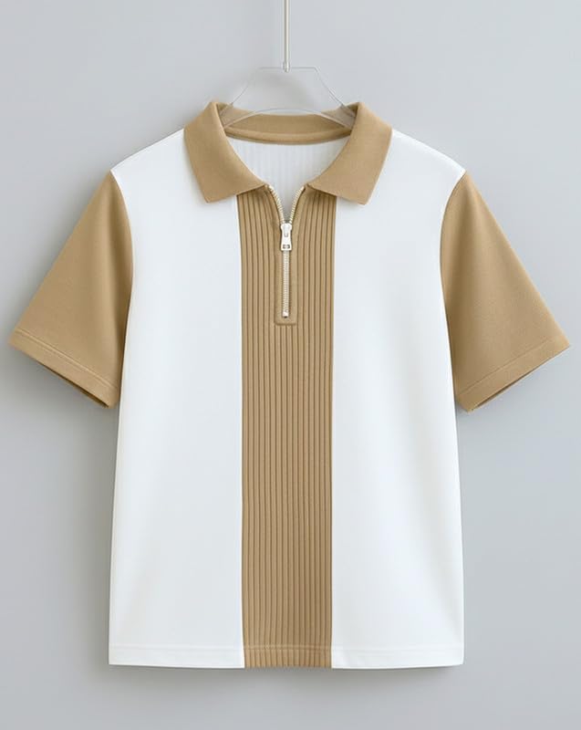 Image of AUSK Men's Textured Vertical Striped Knit Polo T-Shirt | Half Sleeve Zipper Neck Self-Design Casual Tee | Mens Tshirts