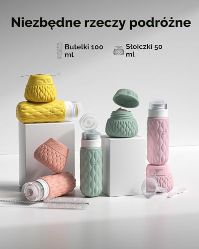 100/50 ml Silikonowe Flakony na Podróże z Etykietą, Zestaw 8 Pojemników na Flakony Podróżne z Kosmetyczką, Butelki Podróżne Wielokrotnego Użytku do Szamponu, Odżywki, Kremów