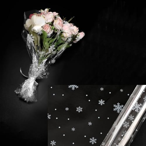 Fesnova Geschenkfolie Transparent mit Weihnachtselementdesign,transparent und weiß, 50 cm x 57 cm, 20 Stück cellophanfolie für Weihnachten,Winterferien,Blumen Geschenkkörbe Wrap