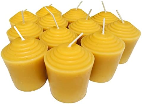BeeTheLight Votive Candles (Pack of 12) - Unscented - 15 Hours Burn Time Each - Naturally Light Honey Scented - 100% Pure Beeswax Candles - Handmade Decorative Votive Candle Set