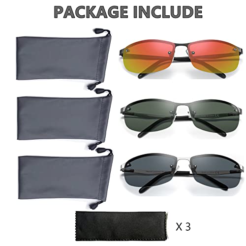 Image of 3 Pack Polarized Sunglasses for Men, Semi-Rimless Frame Driving Fishing Sun glasses UV400 Block Glare /Blue Light