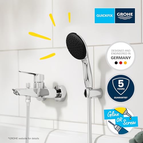 GROHE Start, Badewannenarmatur mit Duschkopf (Duscharmatur für die Badewanne, Auto-Umstellung Wanne/Brause, mit Handbrause, 1,5m Duschschlauch, klebbare Halterung ohne Bohren), chrom, 25283002