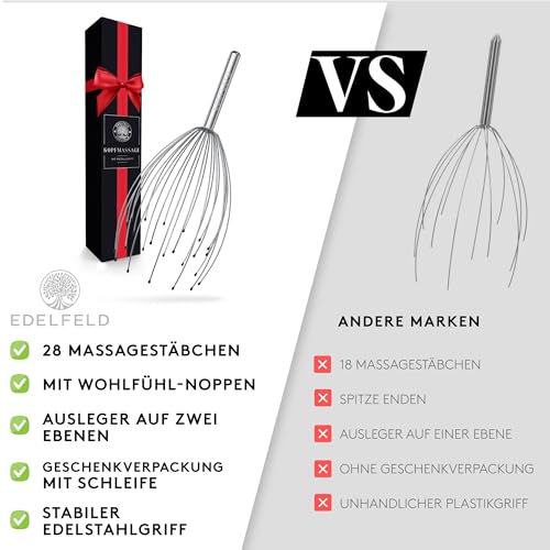 Die entspannende Kopfmassage Spinne mit 28 Fingern von Edelfeld [VERBESSERTE VERSION 2025]- Mit Geschenkverpackung & Schleife - Kopfmassagegerät als Geschenk mit Auslegern auf 2 Ebenen Wohlfühl-Noppen