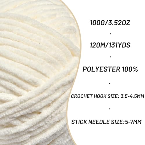 Image of 3 Packs Plush Chenille Chunky Crochet Yarn - Baby Yarn for Crocheting Soft - Velvet Yarns Knitting for Blankets Crafts - Fluffy Amigurumi Yarns 300g / 393yd (3 White)