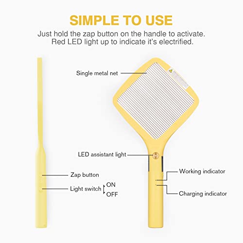 Mafiti Electric Fly Swatter Rechargeable Mosquito Zapper Bug Zapper Racket Fly Killer Indoor Outdoor Light Camping Accessories (Yellow) #TOP6