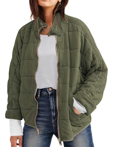 Womens Dolman Quilted Lightweight Jackets Full-zip Stand Collar Loose Warm Winter Outwears with Pockets