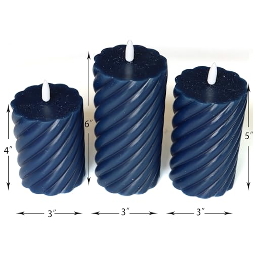 Image of QIDEA Navy Blue Wax Candles Flameless Wax Pillar Candles with Remote Timer | Battery Operated LED Flickering decorative Wax Candles for Home Wedding Party Centerpiece Xmas Decor 3 PCS 3 inchX 4 inch, 5 inch, 6 inch