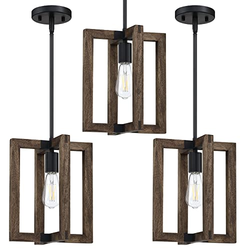 Dolaimi House 3 Pack 1-Light Farmhouse Adjustable Hand Painted Wood Semi Flush Mount Ceiling Light Fixtures Black Finish,Rustic Hanging Pendant Chandeliers For Foyer Dining Room Kitchen Island Hallway #TOP5