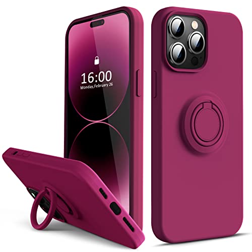 Thomo Compatible with iPhone 14 Pro Max Case,Premium Soft Liquid Silicone Shockproof Cover [Ring Stand Holder] [ Scratch Resistant Microfiber Liner] Ultra Slim Phone Cases, 6.7 Inch - WineRed