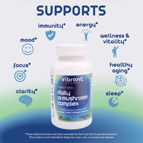 Vibrant Nutrients – Daily 10 Mushroom Complex – 100% Vegan Lions Mane Supplement – Non-Gmo, Functional Mushroom Supplement – Gluten & Soy Free Reishi Mushroom Capsules – Made In Usa – 90 Capsules #TOP4