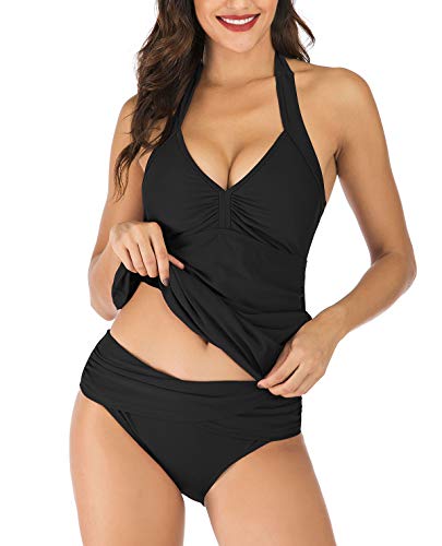 Mingnos Halter Tankini Sets Bathing Suits for Women Tummy Control Swimwear V Neck Swim Tops Slim Ruched Two Piece Swimsuits3