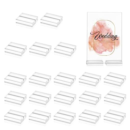 Bercoor 20 Pieces Clear Acrylic Stands Clear Place Card Holders Table Number Stands Clear Card Display Stand for Table Wedding Photos Office Menu Meeting (1.2 x 1 x 0.3 Inches)
