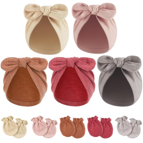Image of BQUBO Baby Turban Hats and Mittens Set Newborn Infant Hospital Hats Caps with Bows for Baby Boys Girls 0-12 Months