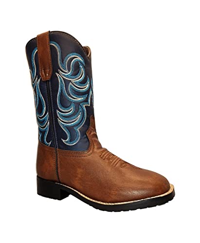 TuffRider Children's Zion Square Toe Western Boot- Brown w/Blue-With Free Assorted Striped Socks2
